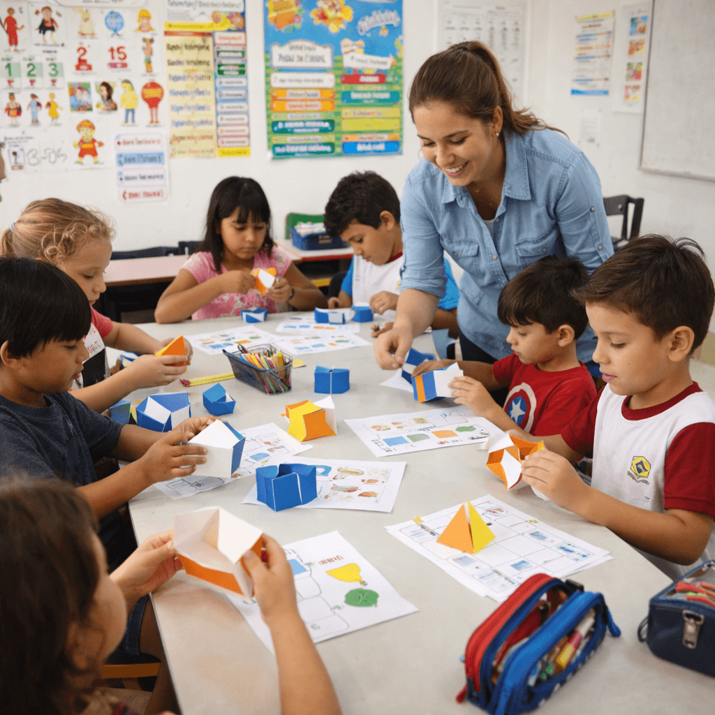 Turma montando sólidos geométricos com a professora